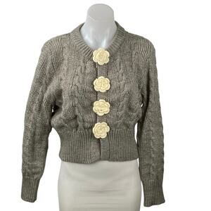 Acoa Women's Gray Cable Knit Floral Long Sleeve Crop Cardigan Sweater Top Size M